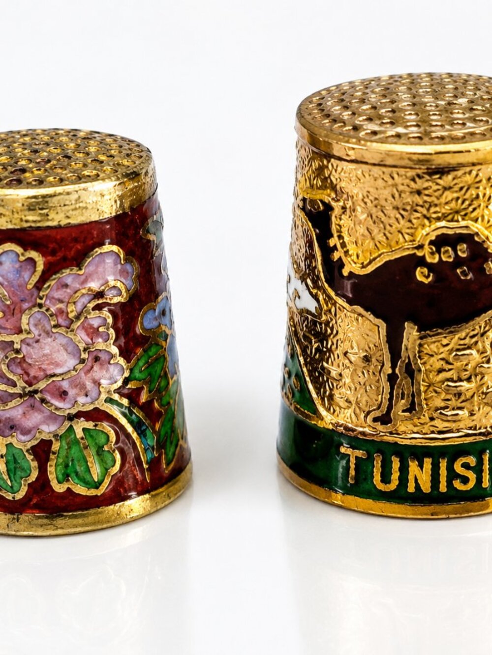 Vintage Cloisonne Brass  Enamel Thimbles Floral Tunisia Souvenir Sewing